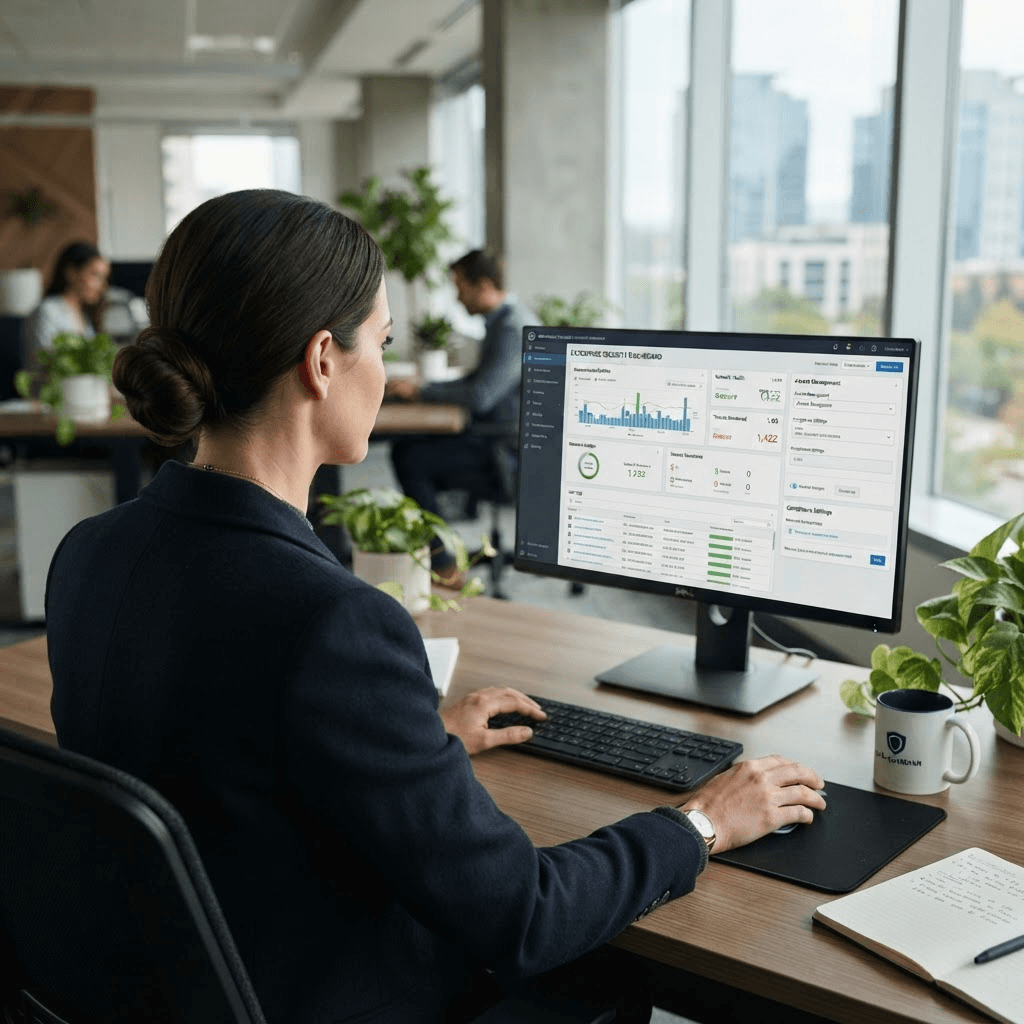 A professional reviewing secure records and settings at a computer in an office