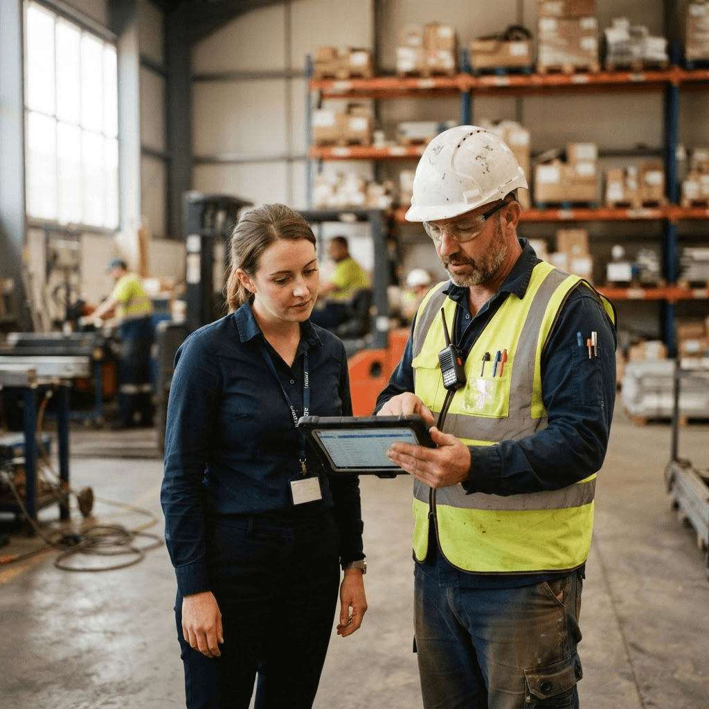 An HR manager and a site supervisor reviewing a referral together on the warehouse floor